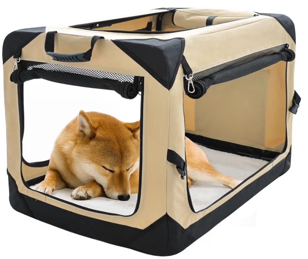 Pettycare 30 Inch Collapsible Dog Crate for Medium Dogs, 4-Door Foldable Soft Dog Kennel with Chew Proof Mesh Windows, Indoor & Outdoor Travel Dog Cra