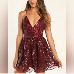 NWT Lulu's Sweetest Celebrations Wine Red Sequin Skater Mini Dress Size Medium
