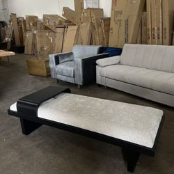 Arlington Mid-Century Modern Bench with Soft Chenille Fabric, Solid Wood, Sliding Wood Tray, 65”