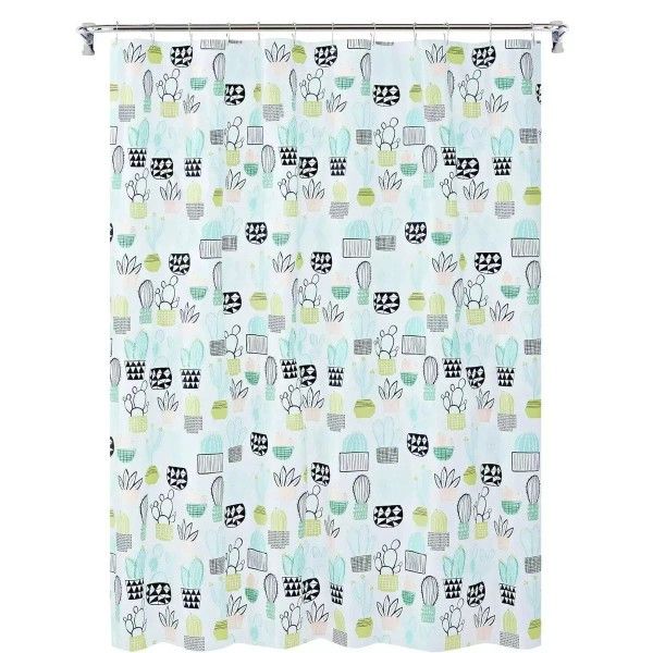 Cacti Shower Curtain Potted Plants Cactus Succulent PEVA 70 x 72-in Blue White