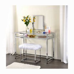 Vanity set chrome with glass table top shelf space mirror stool with white fur brand new in box firm price $259