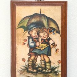 Vintage Hummel Wood Plaque Children Under Umbrella Accent Wall Decor