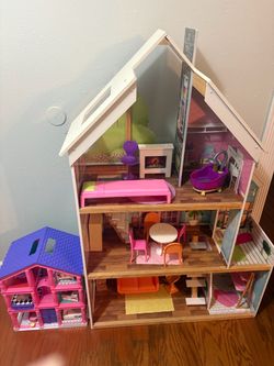 Wooden Dollhouse with Furniture and doll bundle