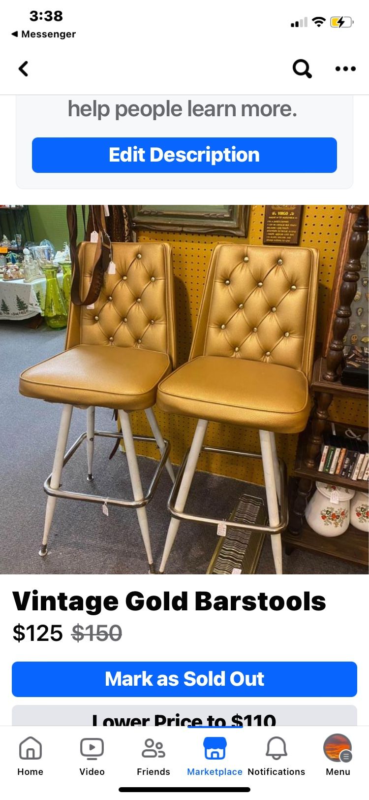 Two Vintage Gold Bar Stools