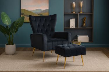 Black Velvet Modern Accent Chair with Ottoman [NEW] **Assembly Req** 