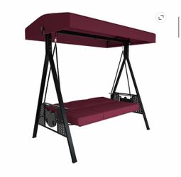 3-Seat Outdoor Metal Porch Swing with Stand, Cushions and Canopy, Wine Red With side tables Convertible to a bed
