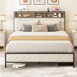 QUEEN WOODEN BED FRAME WITH UPHOLSTERED STORAGE HEADBOARD BRAND NEW IN BOX!!!