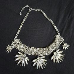 Vtg Henri Bendel Crystal & Silver Tone Choker Necklace High Neck 16"-19" Long