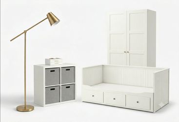 IKEA Armoire 4 Piece Bedroom Set, Double Twin Bed, Wardrobe Storage Armoire, and 4 Cube Storage Cubby