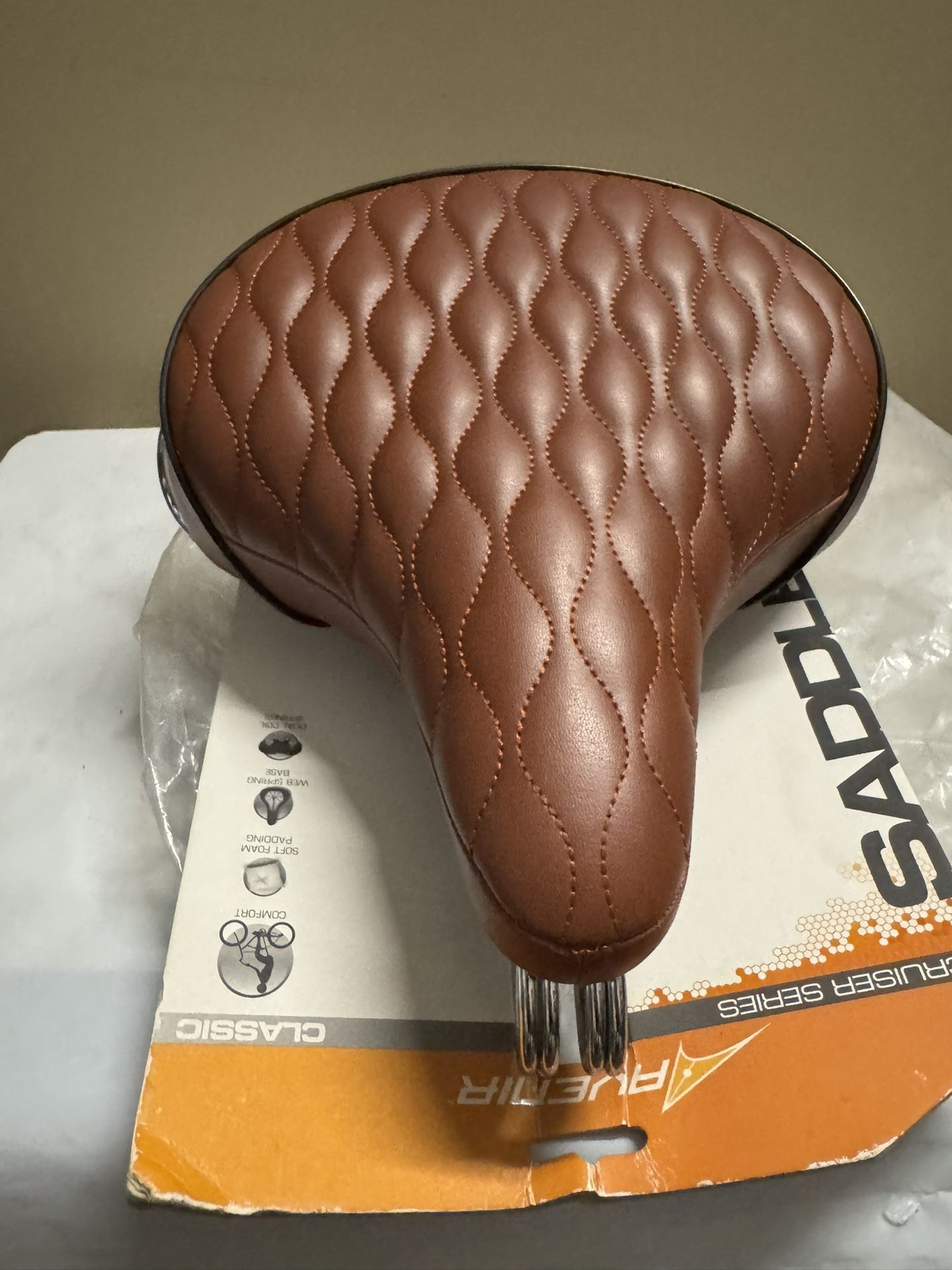 Made in Taiwan.Saddle - Brown, Classic Style Seat with Chrome Rail Handle bar for Beach Cruiser Bikes, Twin-Spring suspenion