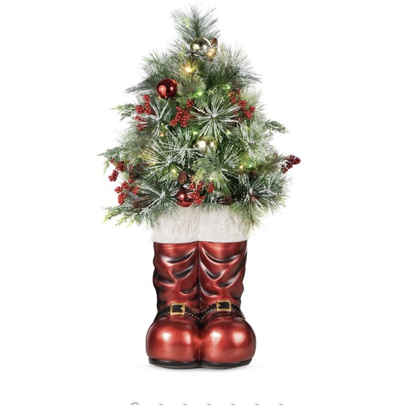 Santa Boots w/ Pre-Decorated Christmas Greenery, Lights - 40in