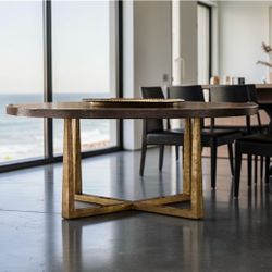 T-Brace Round 60” Waxed Oak Brass Restoration Hardware RH Dining Table