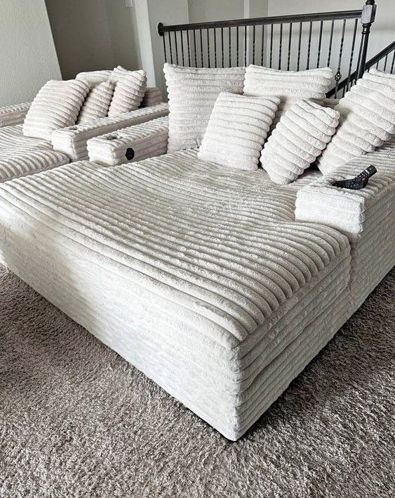 Extra large White corduroy Loveseat with USB and Cup holders