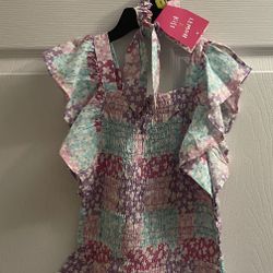 Brand New Girls Multi Floral Print Top-includes Scrunchie- Size 12 Kids 