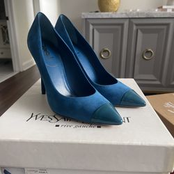 YSL Saint Laurent Opyum 105 Teal Suede Pumps Heels Size 38
