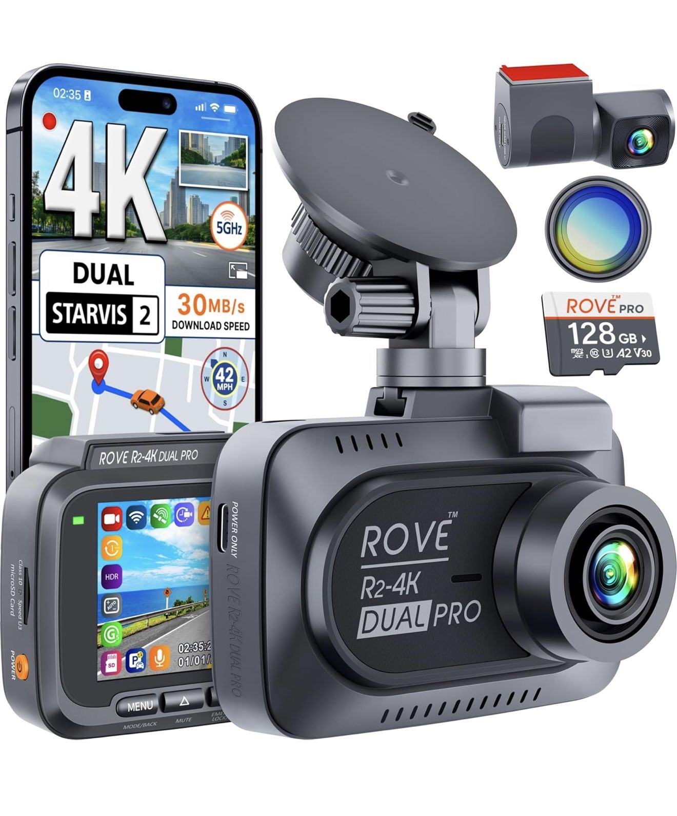 ROVE R2 4K Dual PRO Dash Cam Front and Rear, True 4K+2K Dash Camera for Cars, STARVIS 2 IMX678 + IMX675 Sensors, Free 128GB Card + CPL, WiFi 6 up to