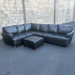 🛋️ Black Leather Sectional Sofa + Ottoman