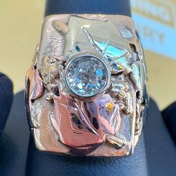 12k two tone yellow & rose gold Natural Diamond Dionysus Grape Leaf winemaker's ring sz10