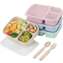 New 4 Pack Lunch Box Stackable Containers 3 Compartment Meal Comes With Spoon Fork And Chopsticks BPA FREE