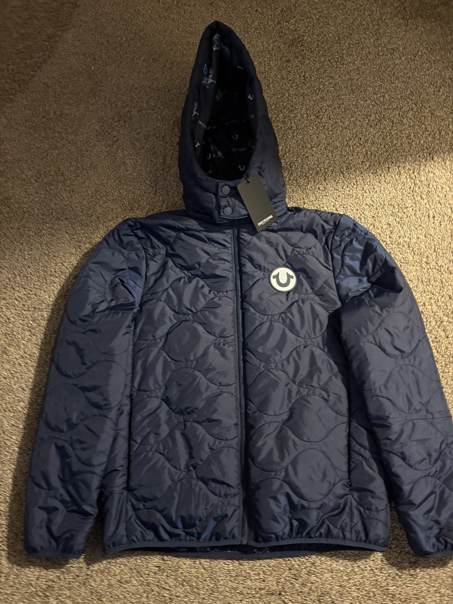 True Religion navy quilted puffer jacket with removable hood