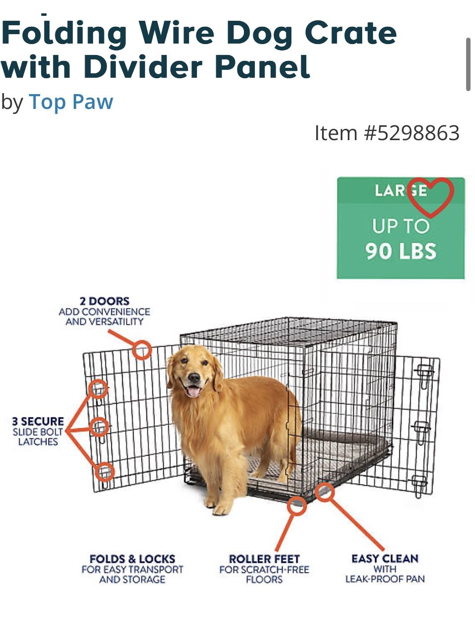 Top Paw 42” Double Door folding Dog  Crate