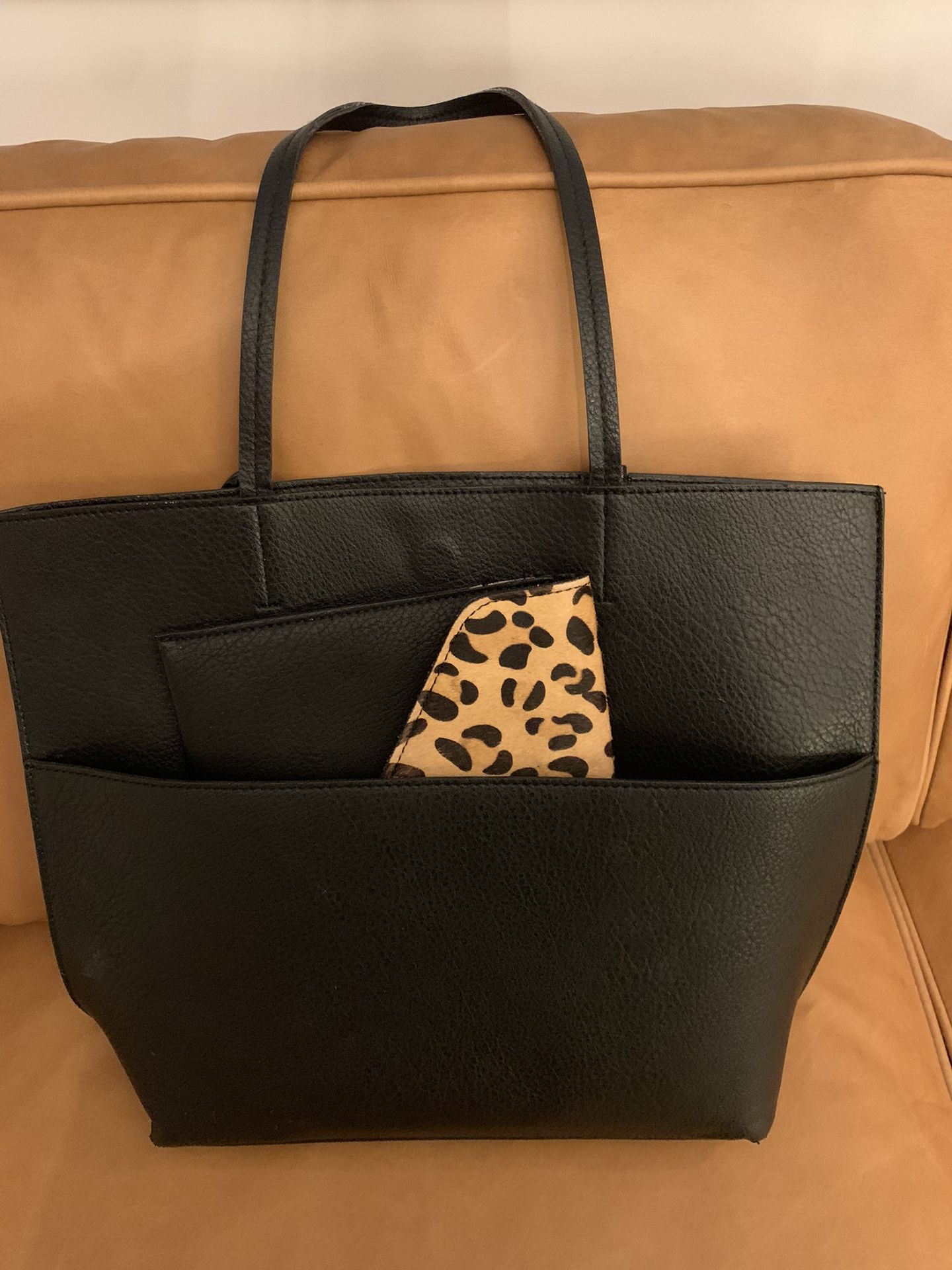Anthropologie Street Level Vegan Black Leather Tote w/ faux animal hide clutch
