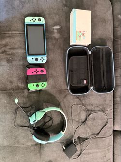 Nintendo Switch Bundle - Console, Gaming Headphones, Stitch Pouch, Animal Crossing Cover with game