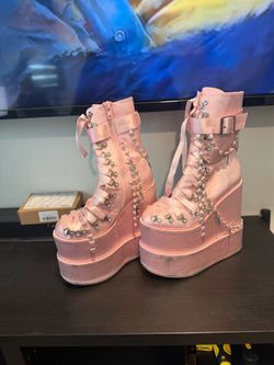 Pink Platform Boots with Pearl Chain Detail
