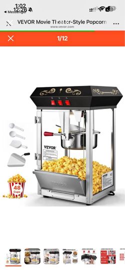 Popcorn Maker 850W, 8 Oz Kettle Countertop Popcorn Machine, 48 Cups per Batch, Tempered Glass, 4 Scoops, Theater Style, Black