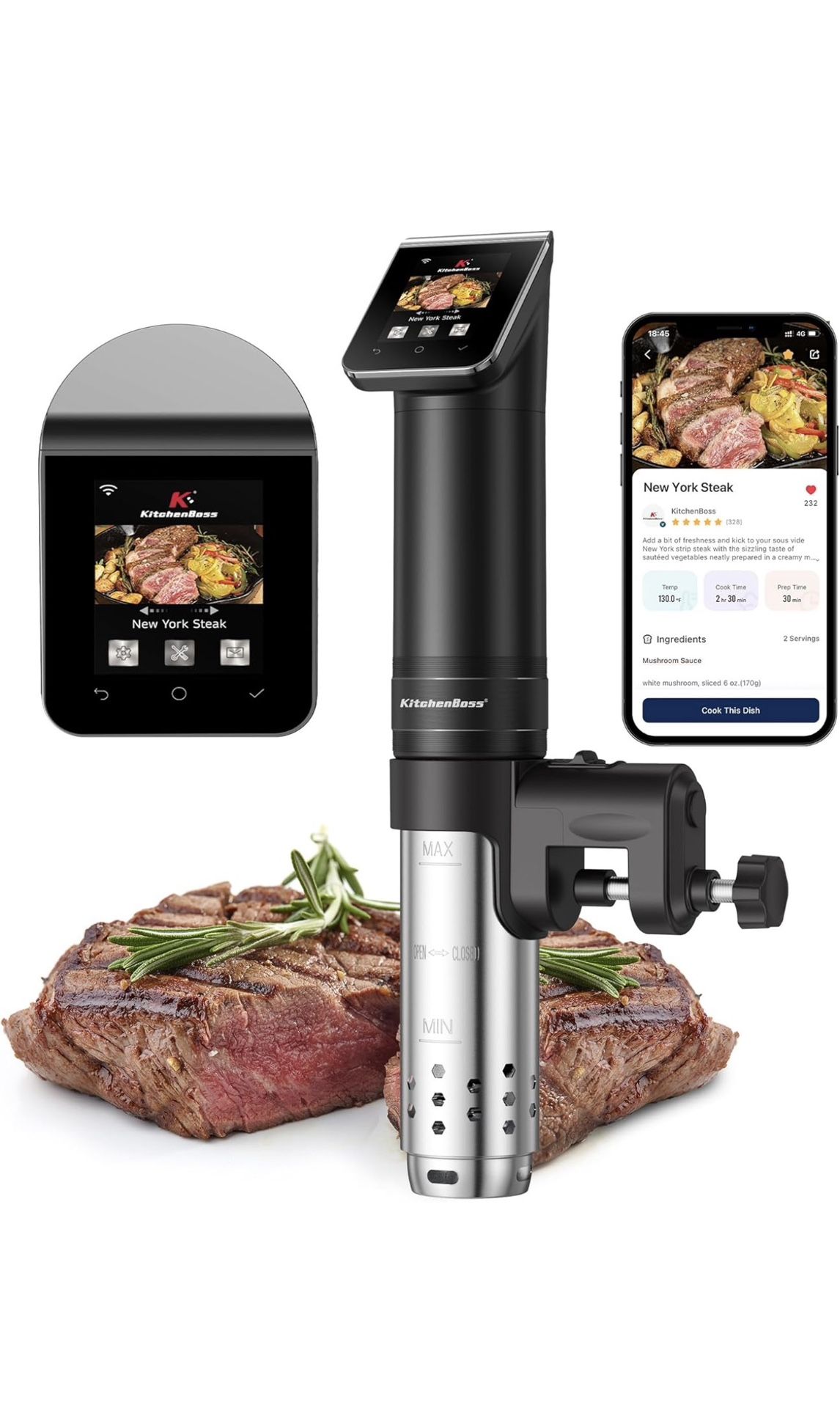 KitchenBoss WIFI Sous Vide Cooker: Ultra-Quiet Sous-vide Cooking Machine 1100 Watts Stainless Steel