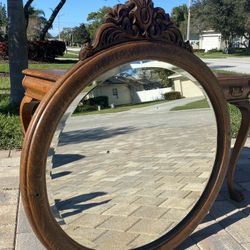 Antique Round Beveled Mirror with Carved Top