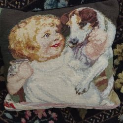 Antique Needlepoint Child And Dog