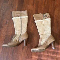 Ugg Australia size 8 with shearling trim fur - also in the footbed inside Calf length boots - wooden heel 