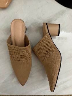 Tan knit mules with a heel