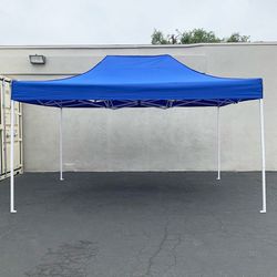 (NEW) $145 Heavy-Duty 10x15 ft Popup Canopy Tent Instant Shade with Carry Bag, White/Blue