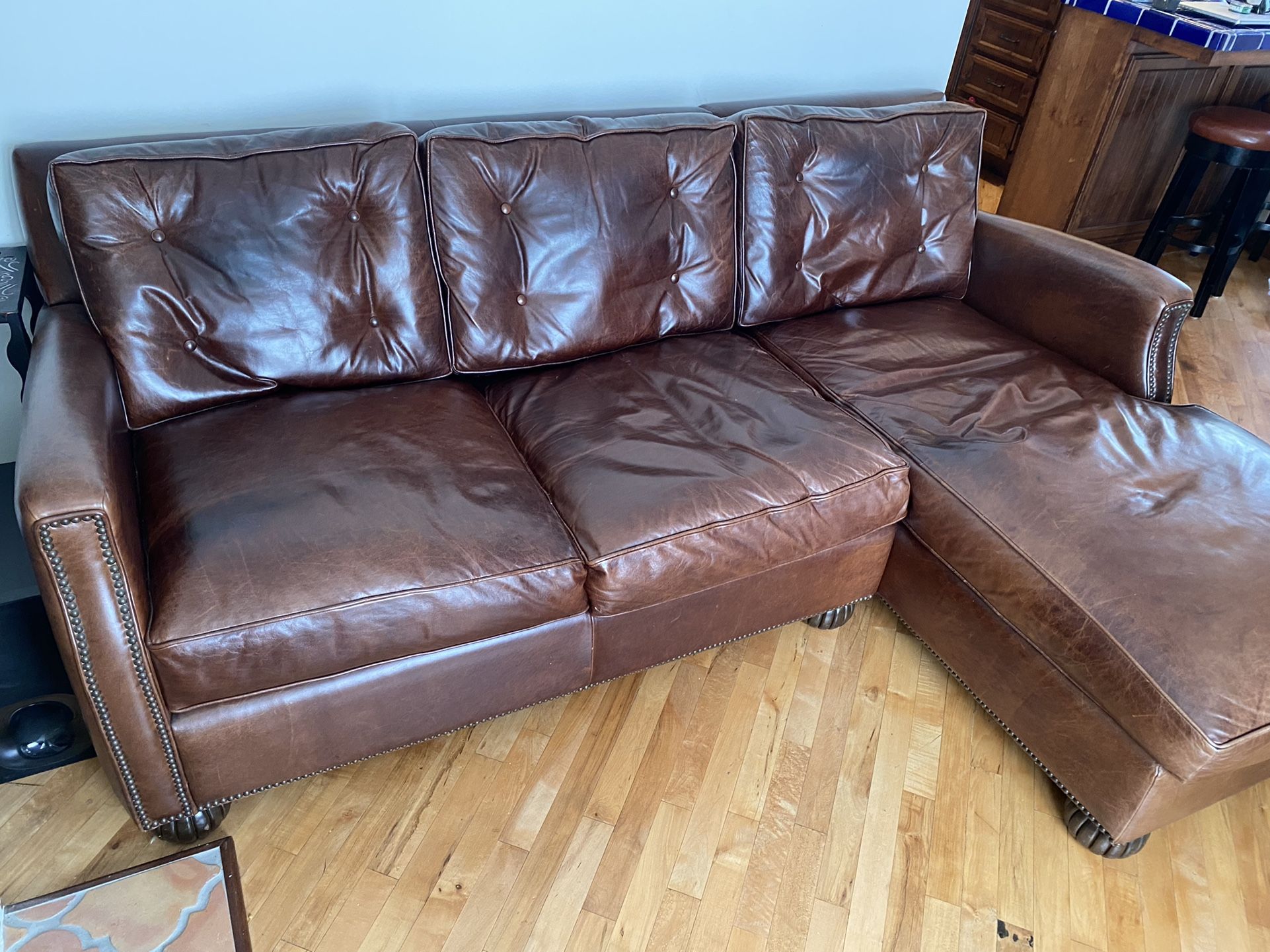 83.5” Custon Leather Couch With Right Hand Chaise Lounge