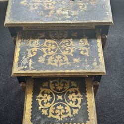 Vintage Moroccan Nesting Tables – Black & Gold Boho Set of 3