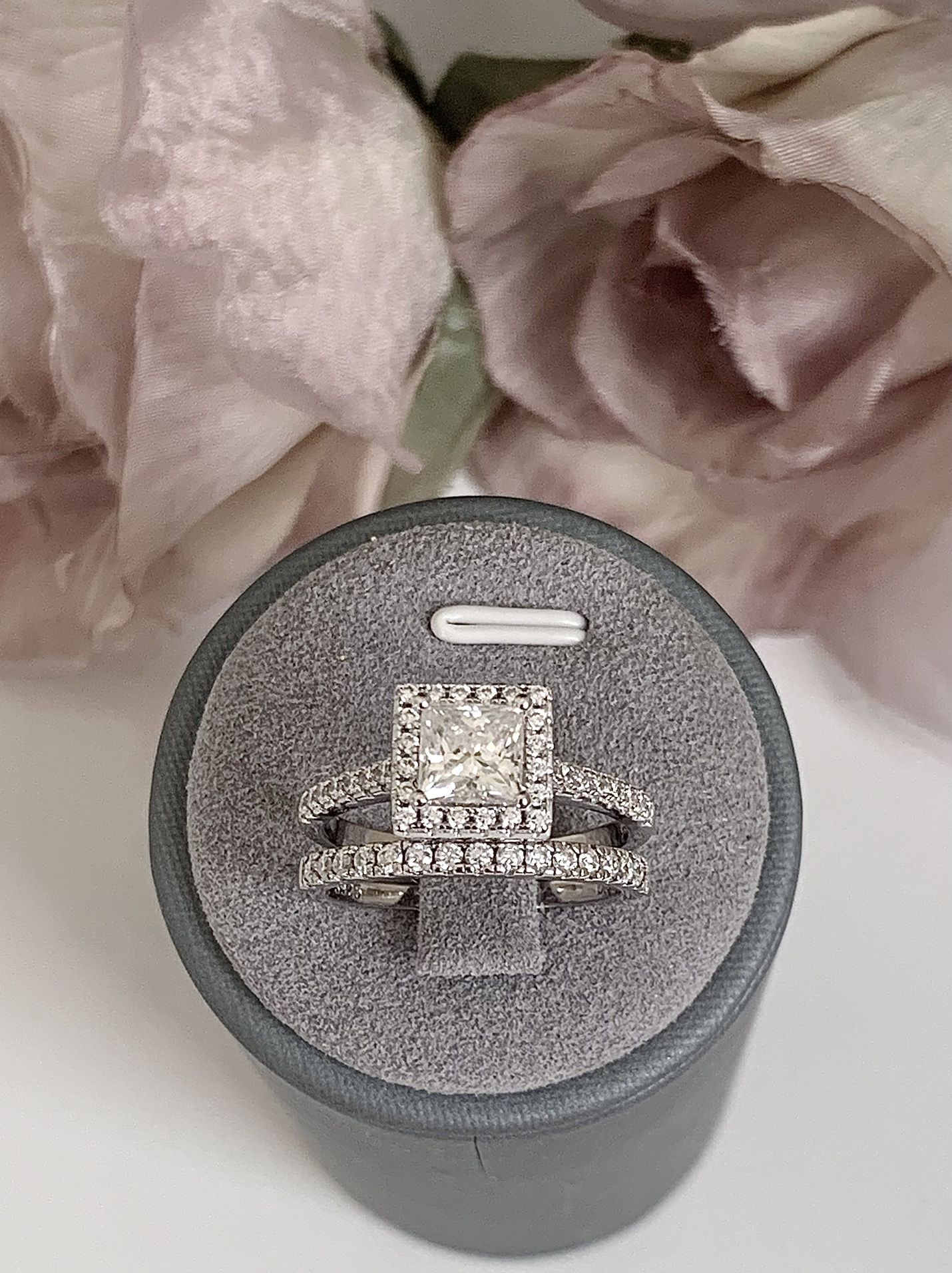 NEW! 1.52CT Halo Princess Cut ( Clarity Graded: FL / Flawless ) Certified, Lab Created Diamond Wedding Ring Set, Please See Full Details 💕