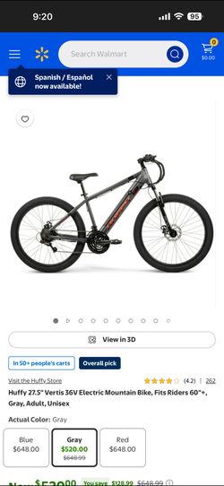 Huffy 27.5" Vertis 36V Electric Mountain Bike, Fits Riders 60"+, Gray, Adult, Unisex