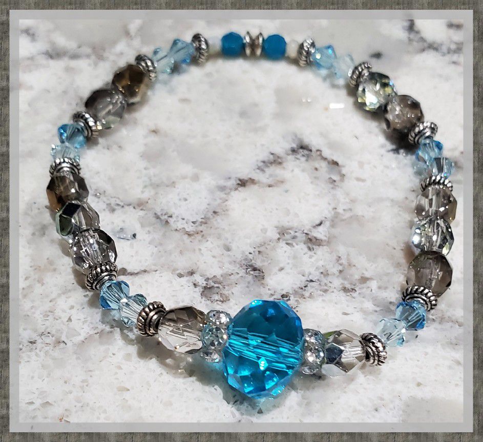 Crystal And Glass Ocean Blue Handmade Beaded Bracelet Handmade Original Design 