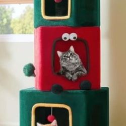 SHA CERLIN 47in Cute Cat Tree Tower/ 3 Condo for Indoor Kitties/Cave for Pet House/ Detachable Cat Hideaway/Green & Red