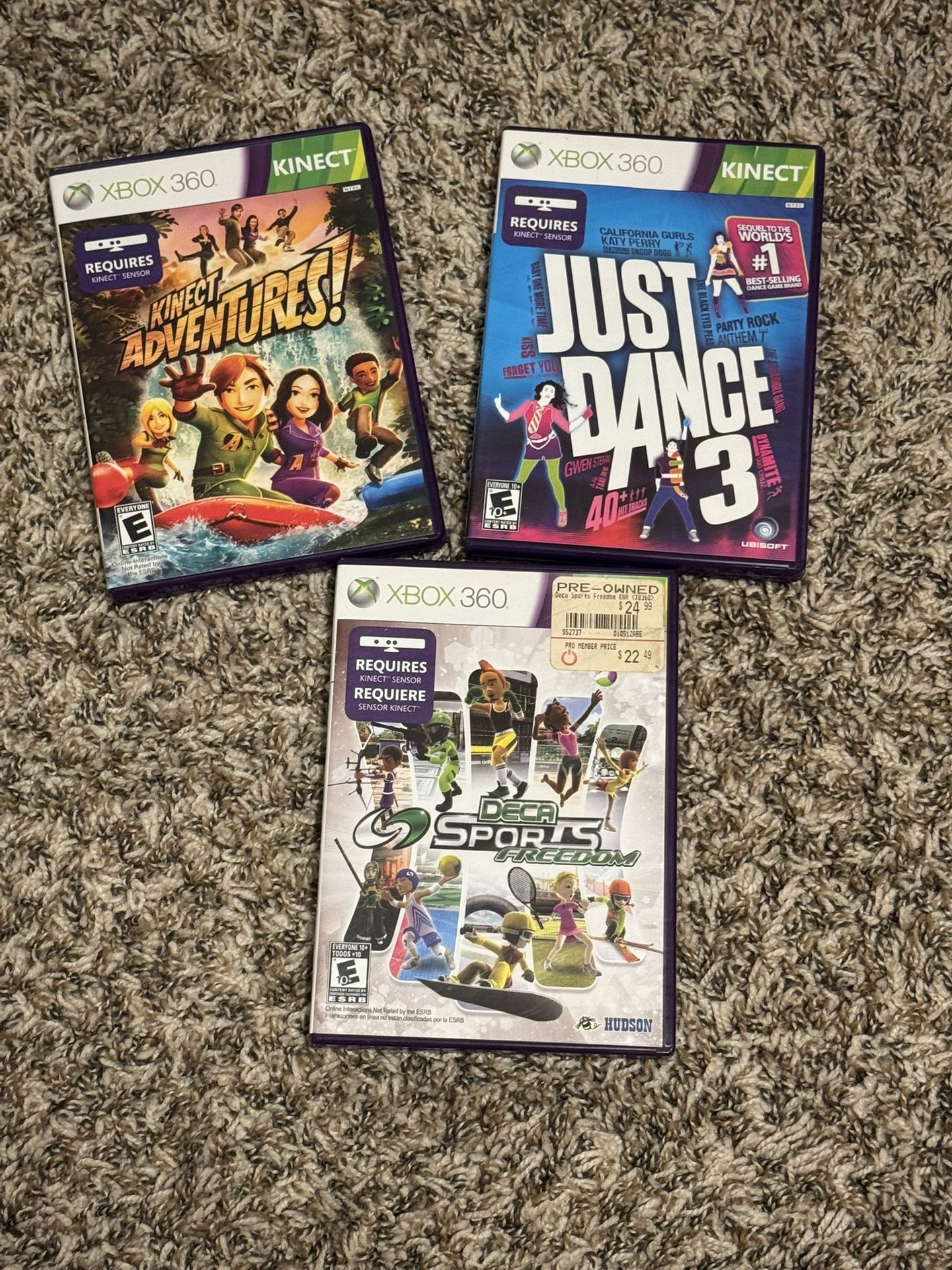 Xbox 360 game lot Kinect Adventures, Just Dance 3 & Deca Sports Freedom