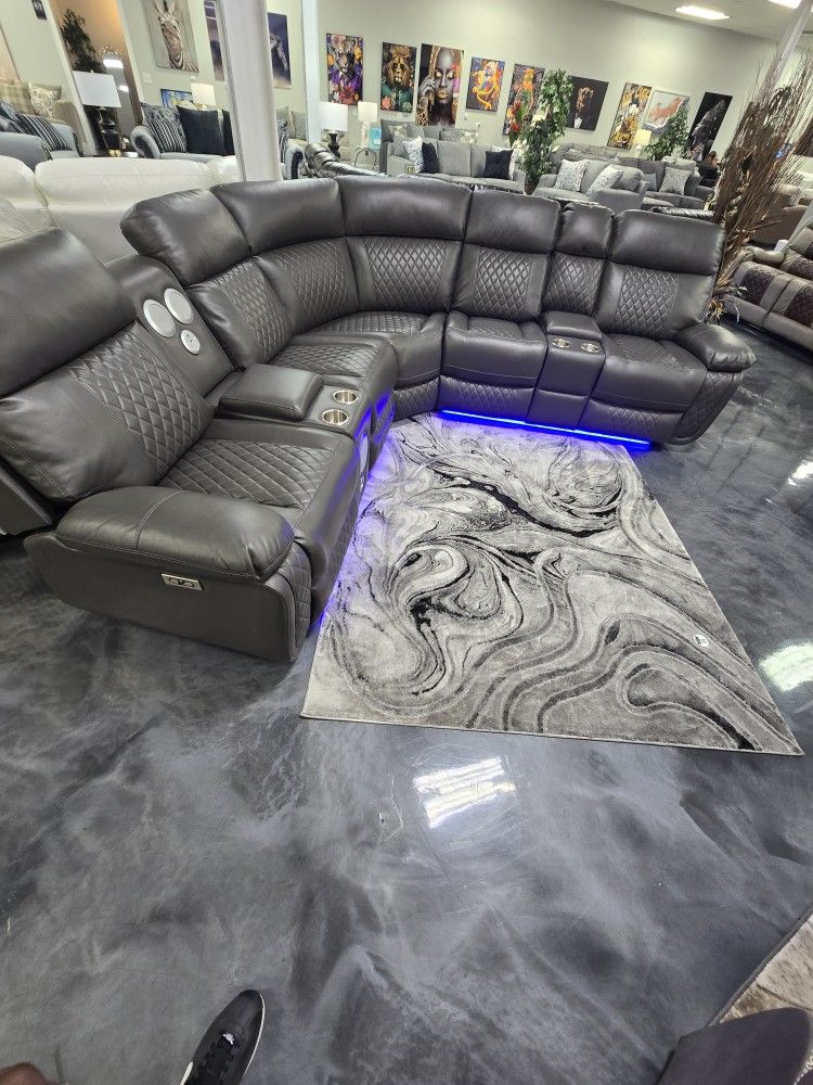 SPEAKER LEATHER GREY BRAND NEW RECLINING SECTIONAL SAME DAY DELIVERY