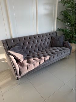 Beautiful Grey velvet, deep-button tufted sofa