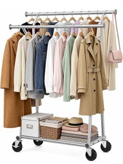Heavy Duty Clothing Rack, Rolling Clothing Rack With Wheels, 550 LBS
Double Rod Clothing Rack for Hanging Clothes with Shelves,Portable Garment Rack f