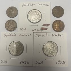 Lot Of 7 US Coins - Buffalo Nickels/Wheat Cents