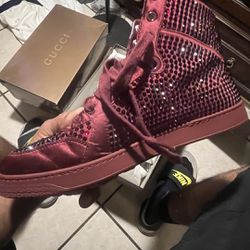 Gucci Shoes  Burgundy Satin With Crystal Studs High Top Sneakers Size 8
