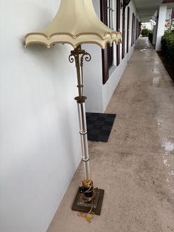 Beautiful vintage floor lamp. 60” tall. Brass, lucite and marble. Shade is John Richard silk