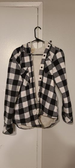 Black White Plaid Flannel Sherpa-Lined Hoodie Jacket
