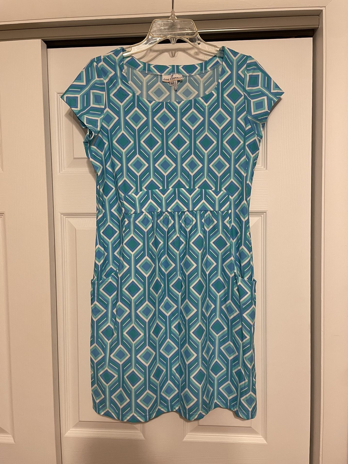 Jude Connally Turquoise & White Sheath Dress - Size Large 